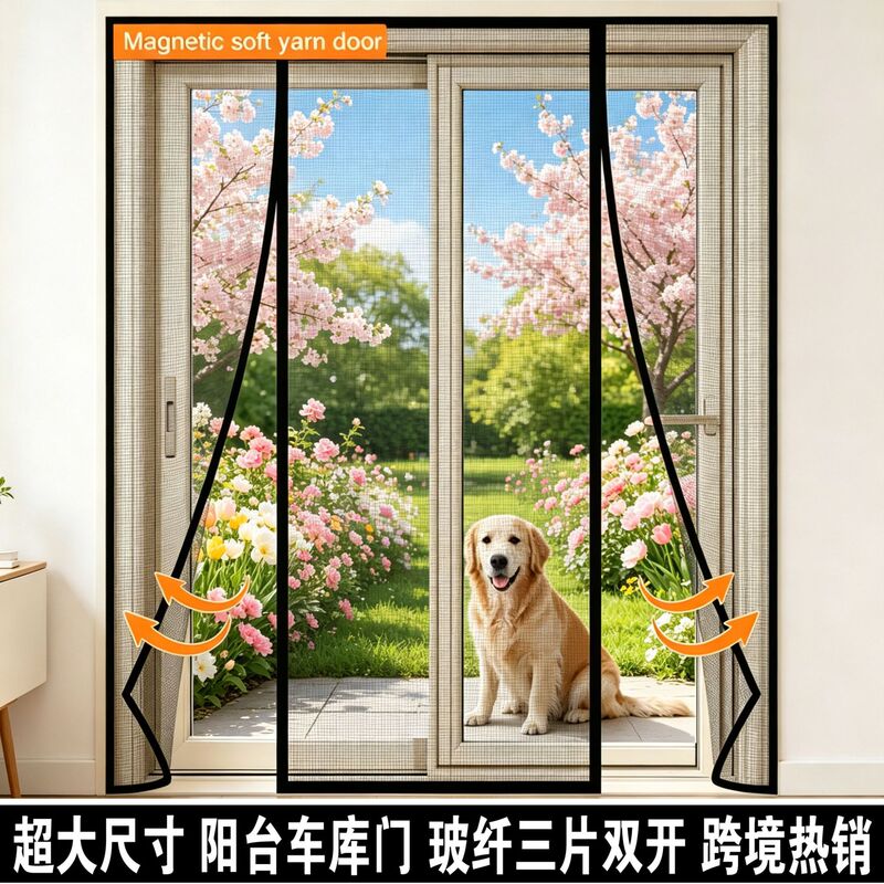 Large Magnetic Mosquito-Proof Door Curtain with Three Panels and Double Opening, Durable Fiberglass Mesh Curtain Suitable for Garage, Balcony, Kitchen Large Magnetic Mosquito-Proof Door Curtain with Three Panels and Double Opening, Durable Fiberglass Mesh Curtain Suitable for Garage, Balcony, Kitchen