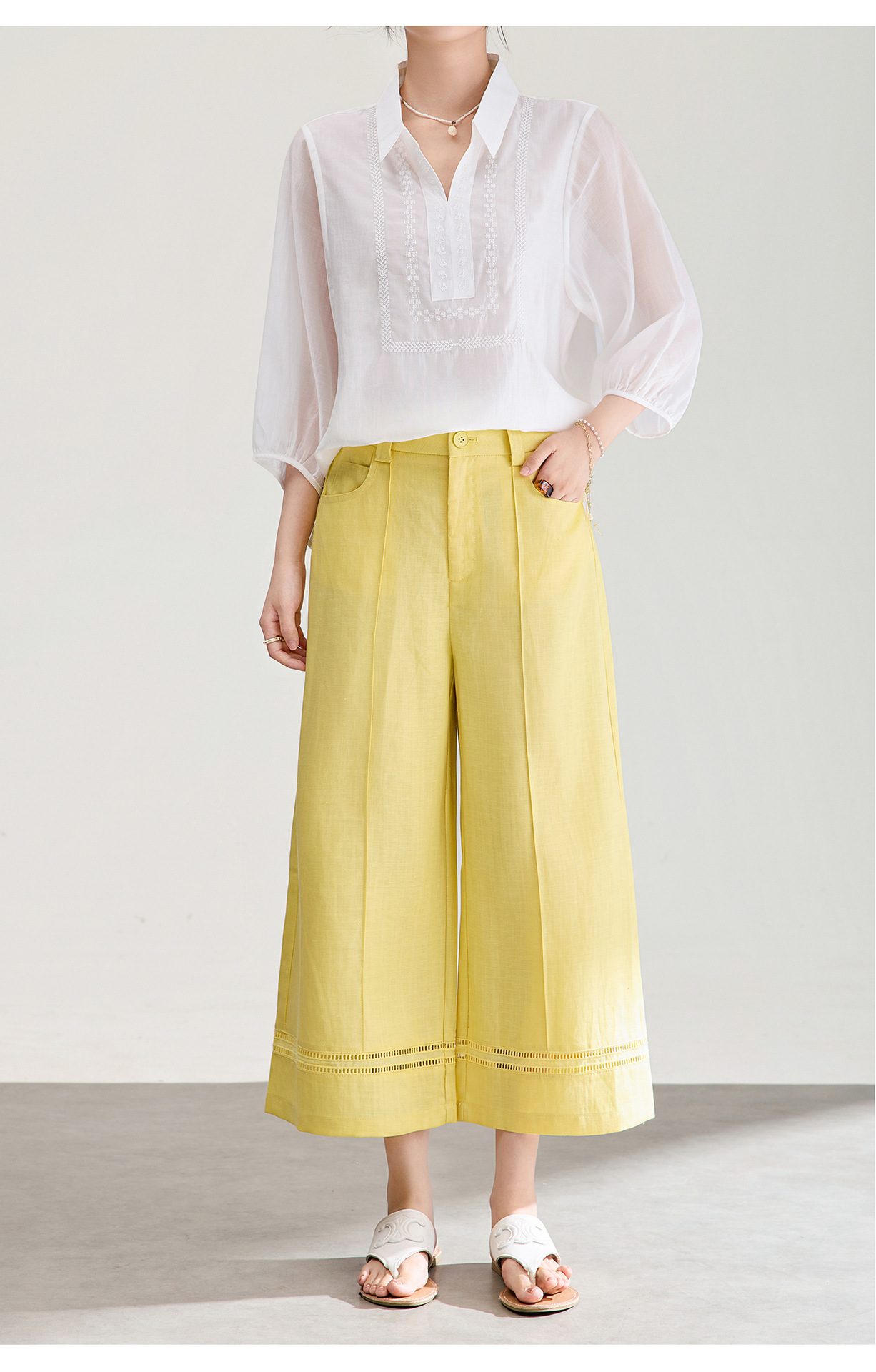 Quần culottes nữ ống rộng dáng dài 9 phần, chất liệu sợi gai dầu mỏng nhẹ mùa hè — màu xanh navy chi tiết 14