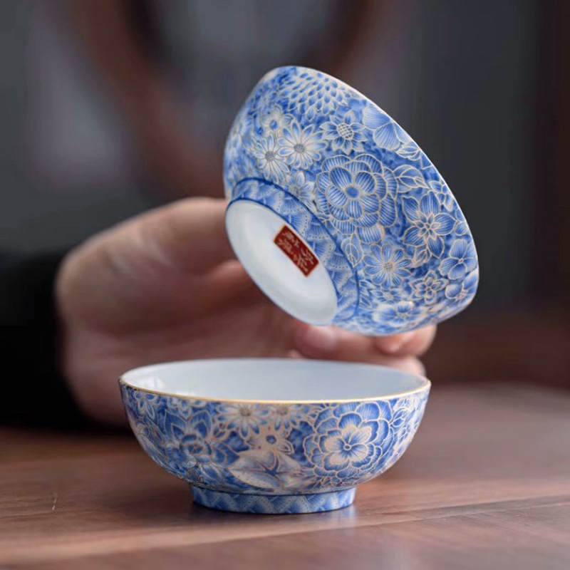 Blue and white silver silk enamel teacup wide mouth single cup personal special tea set high-grade ceramic master cup pu'er tea tasting cup