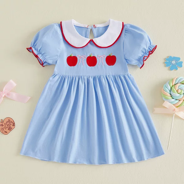 Back-To-School Season Girls' Dress, Summer Style, Doll Collar, Apple Embroidery, Short Puff Sleeves, Girls' Dress, Children's Clothing