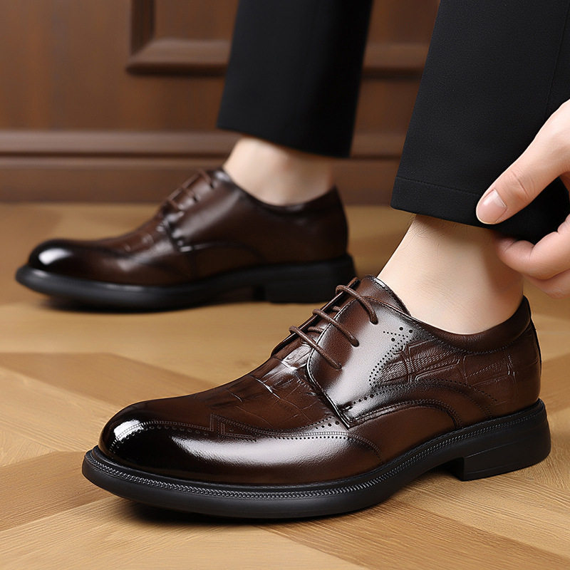 Giày tây nam công sở da bò lớp đầu, buộc dây, đế xốp êm chân — Màu nâu, màu đen
