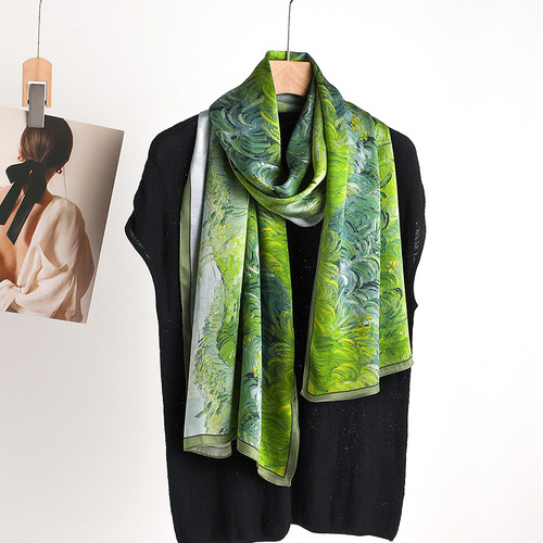 Green pastoral style mulberry silk high-end silk printed thin long scarf temperament silk scarf shawl dual use for mom