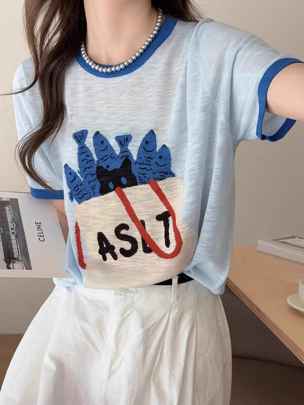 Gejia モールの同じスタイルの女性の 2025 夏薄いブルーアイスシルク半袖 T シャツ韓国の超見栄えの良いユニークなトップ|undefined