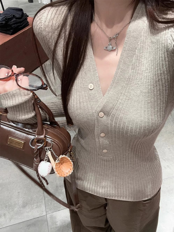 新秋季韩系v领长袖针织衫女秋季毛衣内搭打底衫纽扣修身纯欲上衣|undefined