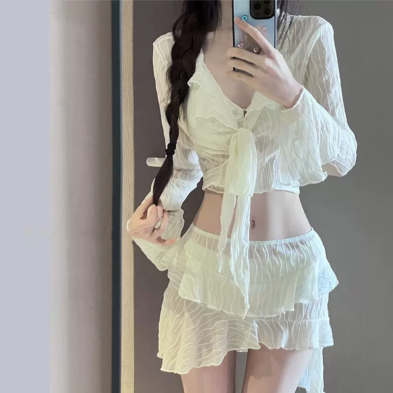 跨境纯欲温泉泳衣女比基尼2025新款显瘦遮肚四件套性感分体泳装紧