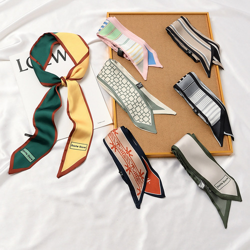 Korean small scarf long style French-style hair tie narrow thin silk scarf for women versatile spring and autumn headband ribbon