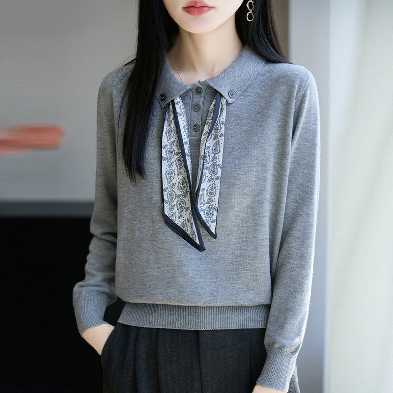 Early autumn POLO collar fine wool knit sweater for women, elegant jacquard scarf top, loose long-sleeve base shirt