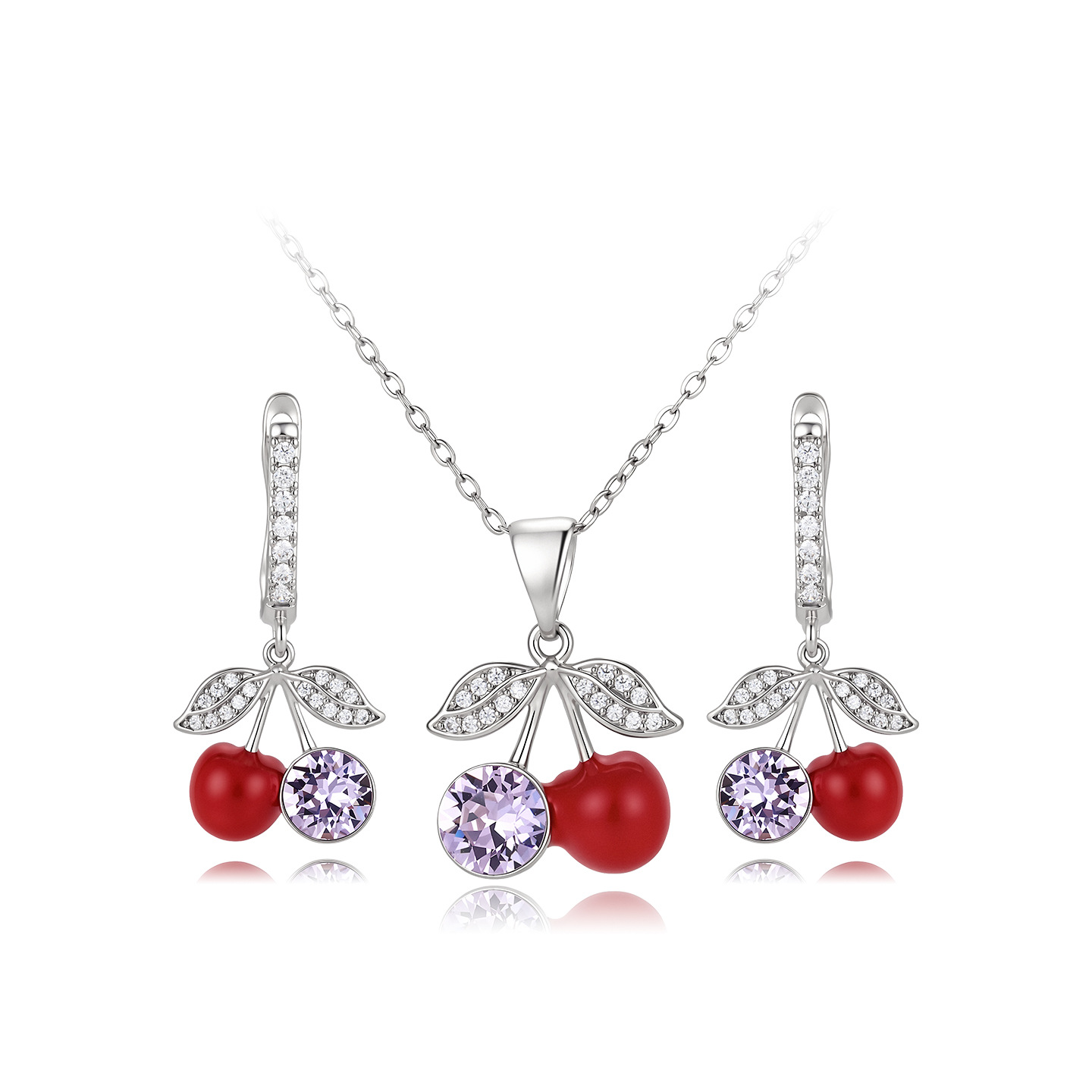 Traje de collar de pendientes de cereza de estilo dulce y tierno Coreano de xuping conjunto de joyas de cristal de imitación de moda y lujo ligero