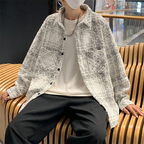 Men's Small Floral Collar Checkered Blazer Jacket, 24th Autumn, Versatile Loose Casual High-End Shirt for Boys