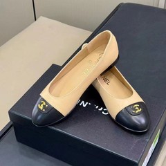 C家風の配色リボン付きレディースシューズ、チャンキーヒール、小香風シューズ、フラットヒール、バレエシューズ、レディースカジュアル、万能