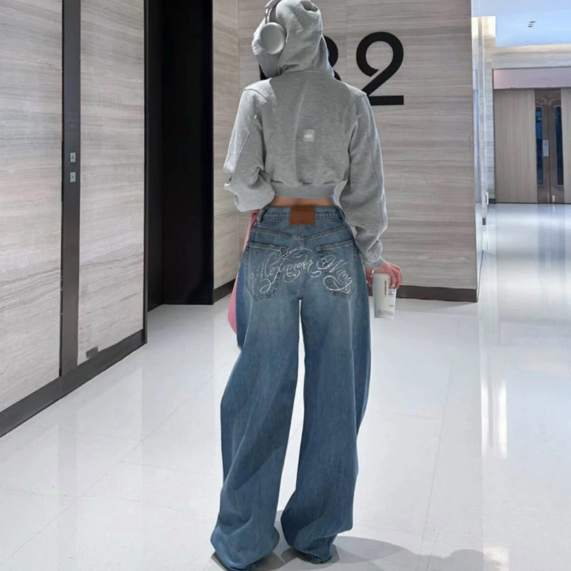 2025秋季新款美式潮牌烫钻字母小众辣妹宽松阔腿裤弯刀牛仔裤女|undefined