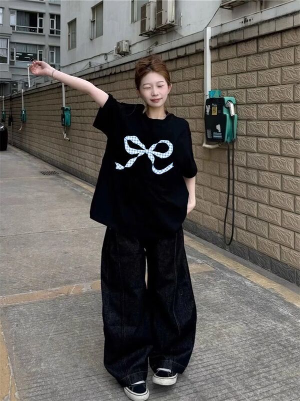 純粋な綿ルーズ黒半袖 Tシャツ女性の夏の新しい蝶プリントトップス女性 2025 新しいホットスタイル|undefined