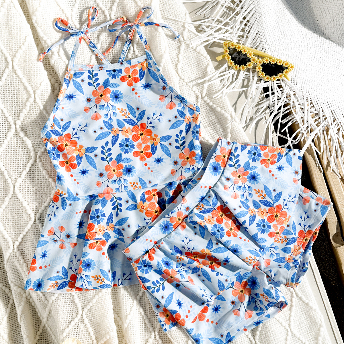 European and American Children's Swimsuit Girl's Split Swimsuit Printed Ruffled Skirt Swimsuit 3Y-11Y Adjustable Shoulder Strap Swimsuit