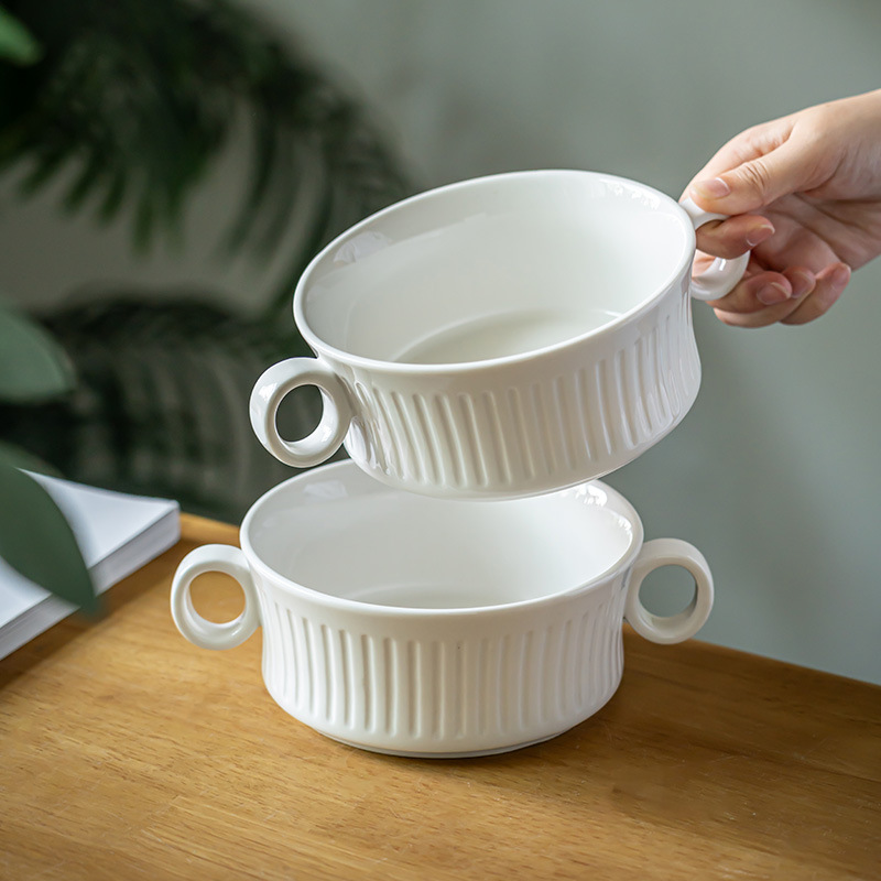 Tacos de cerámica coreana verticales de doble oreja simple cuenco de fideos redondo cuenco de ensalada de frutas caseras cuenco de yogur cubiertos