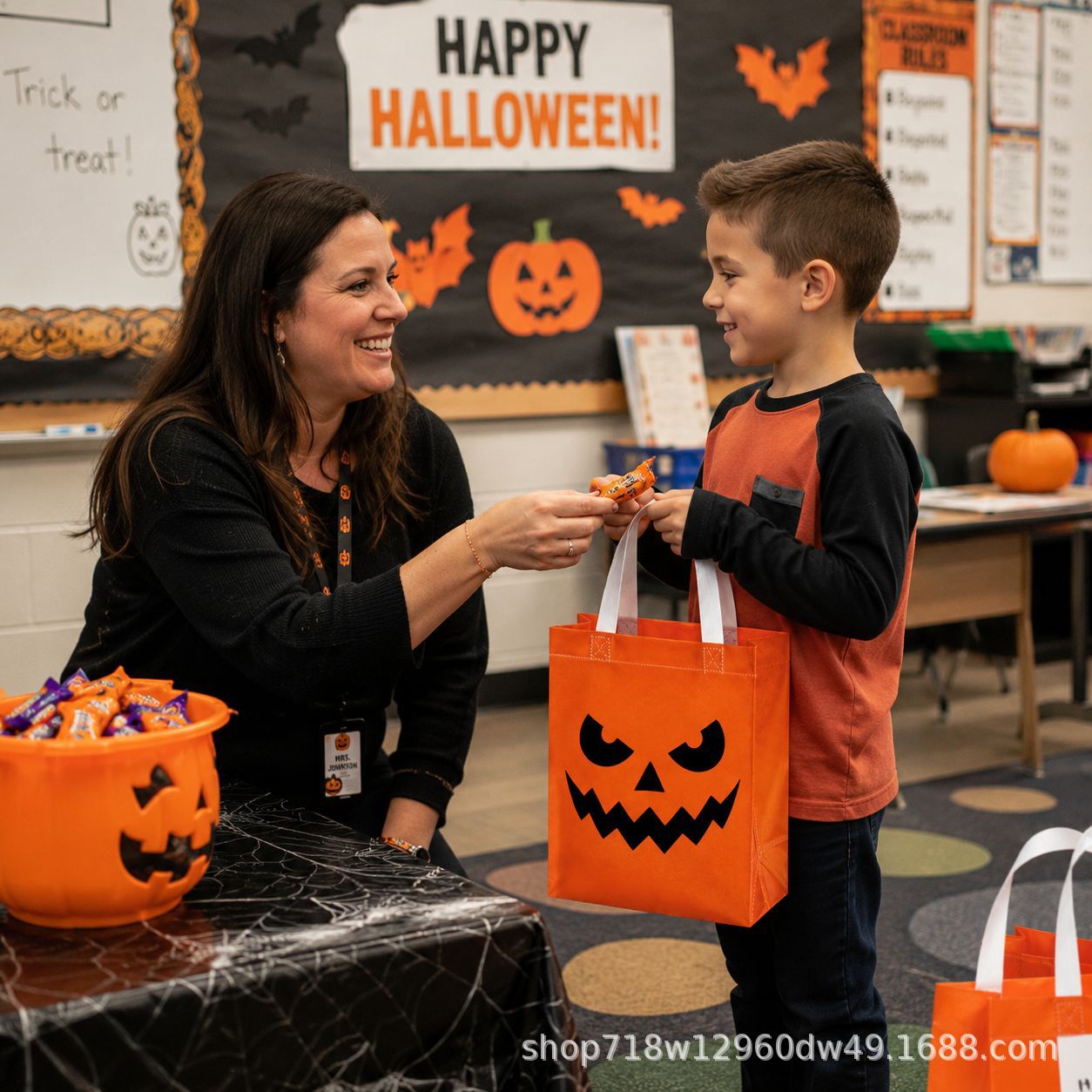 Bolsas de regalo de Halloween al por mayor ecológicas no tejidas bolsas de compras impresas fantasmas naranjas bolsas de azúcar para niños