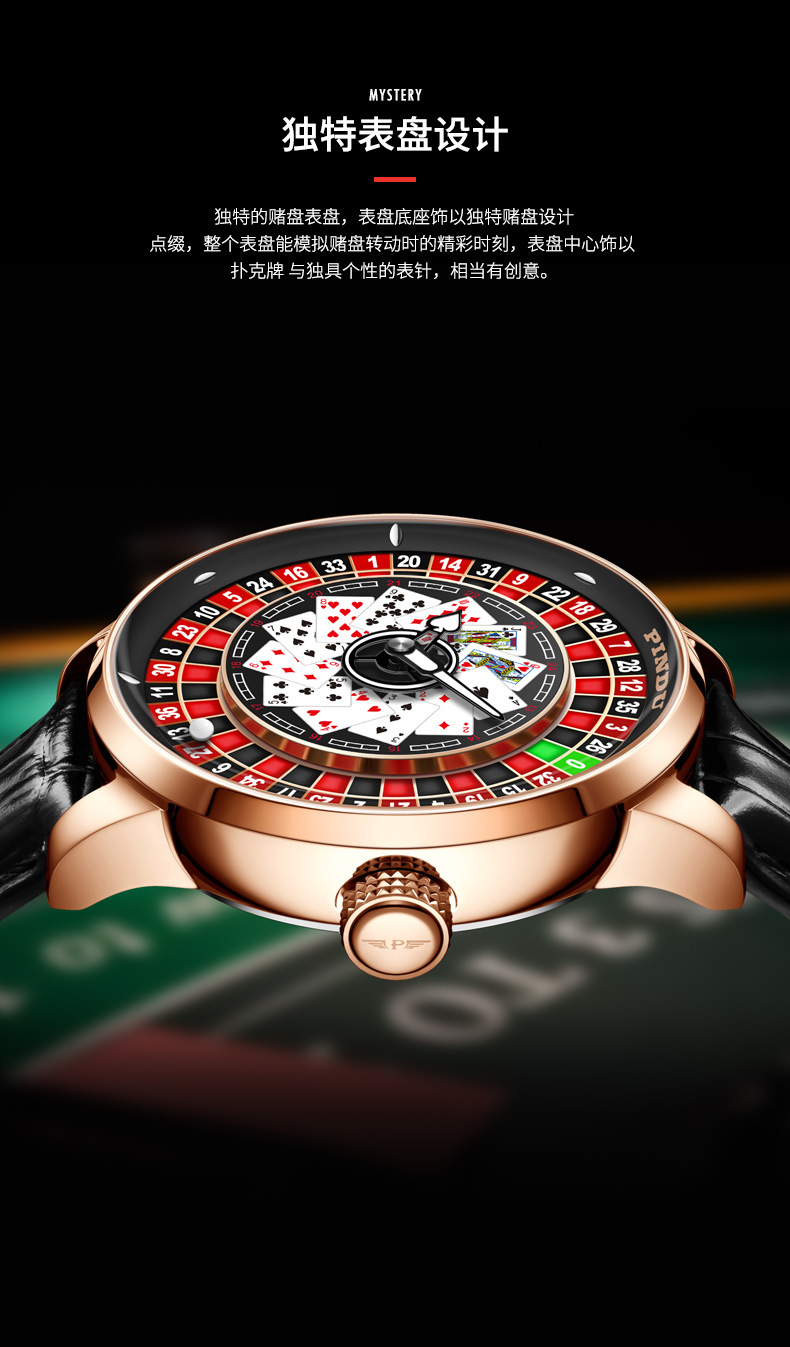 Đồng hồ nam automatic lộ máy mặt số trò chơi roulette — Thẻ đỏ da đen, Hồng nhãn đỏ da xanh, Hồng đỏ thẻ xanh da, Hồng da đỏ vành đai lưới chi tiết 4