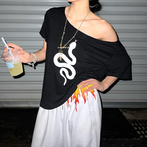 Snake Hip-hop street dance Hip-hop retro off-shoulder short-sleeve women's American slimming top loose printed jazz pure desire