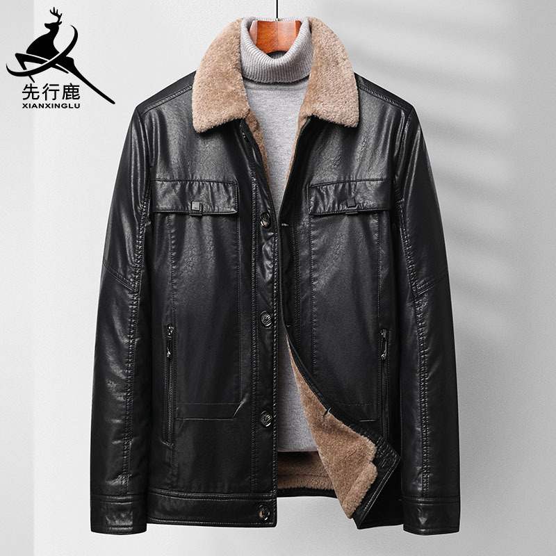 先行鹿皮衣男爸爸冬裝外套中老年男裝加絨加厚上衣中年男皮毛壹體