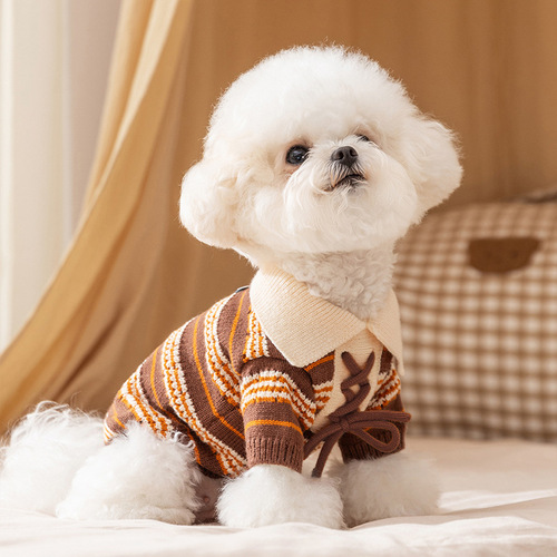 Pet Sweater New Dog Clothes Classic Contrast Color Stripe Polo Neck Sweater Teddy Bichon Pet Clothes