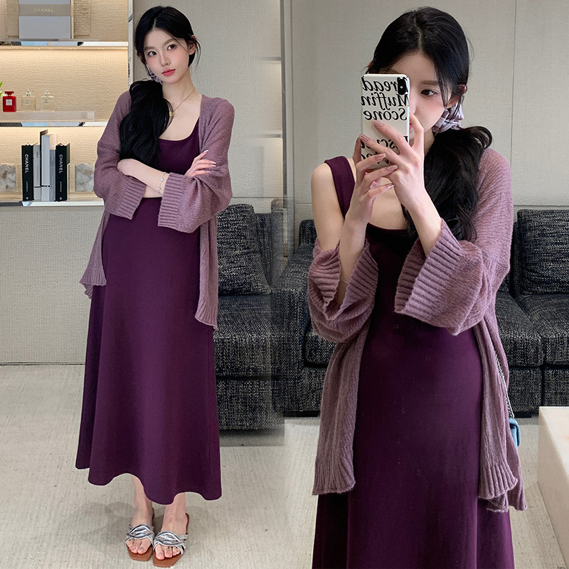 In Stock 2025 New Knitted Cardigan + Maternity Purple Vest Dress Two-Piece Maternity Wear