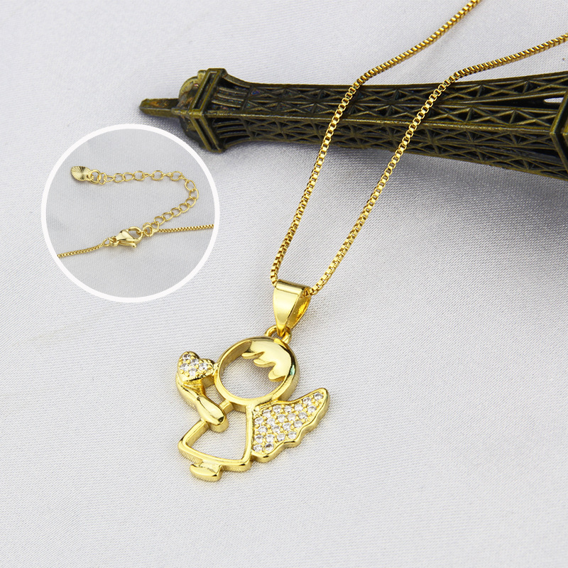 European And American Ins New Inlaid Zirconium Love Angel Necklace Cross-border Spot Copper Electroplating Fashion Children's Wings Necklace display picture 3