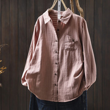 日韩宽松大码女衬衫女秋新双层棉纱细条纹小众设计感口袋百搭衬衣