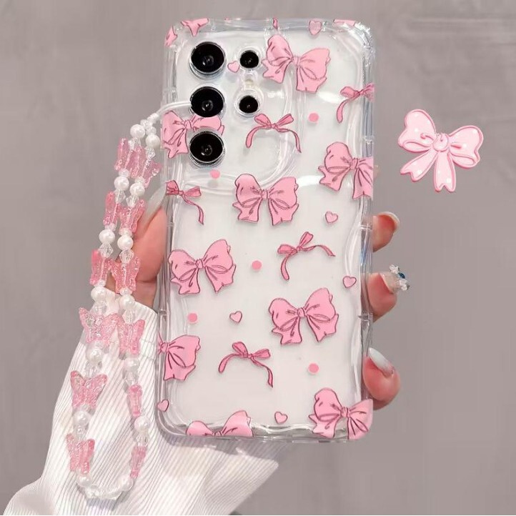 Pink Bow Bracelet Suitable for Apple S25U/A55 Mobile Phone Case A15 High-End Protective Cover S24Plus Pink Bow Bracelet Suitable for Apple S25U/A55 Mobile Phone Case A15 High-End Protective Cover S24Plus