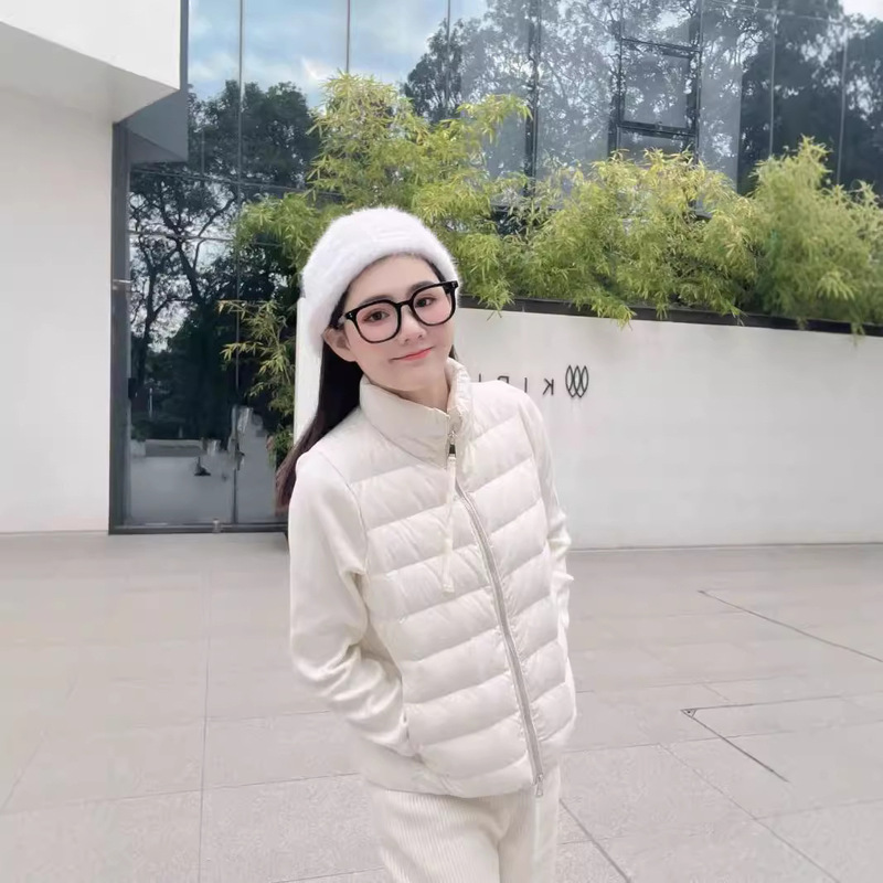 蒙家立领针织拼接袖标羽绒服女生轻薄羽绒女款蒙口外套冰激凌色|undefined