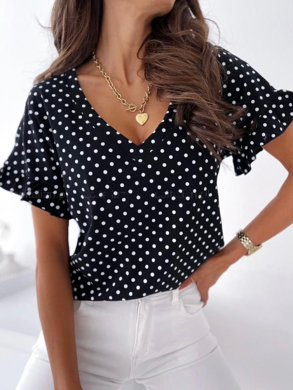 v-Neck Short-Sleeved Polka Dot Short-Sleeved Top NSYF53242