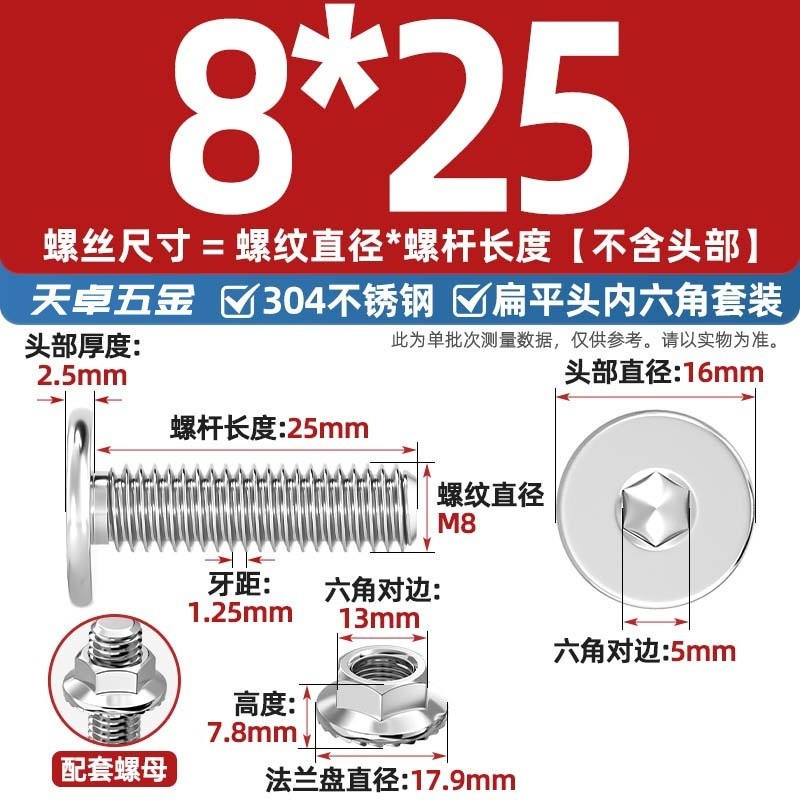304不锈钢CM大平头超薄头C头扁平头内六角螺丝钉法兰边螺母套装M5|undefined