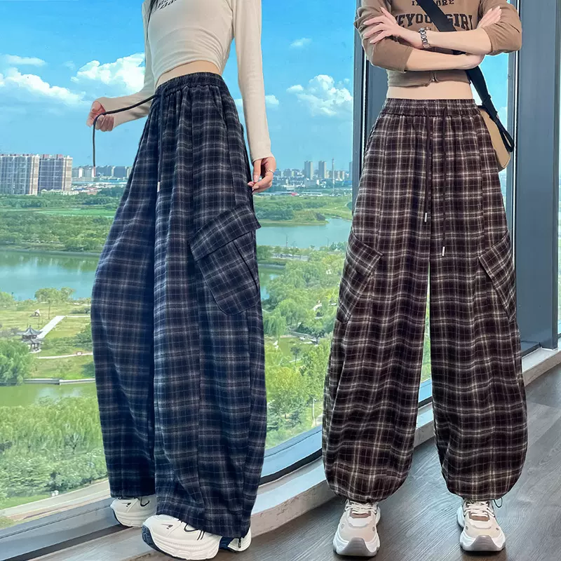 复古格子阔腿裤女春季2026新款设计感高腰气质两穿休闲直筒工装裤