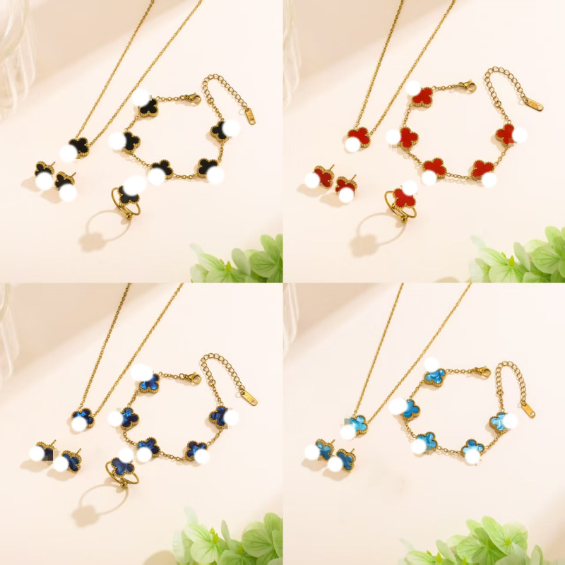 Cross-Border Popular 13mm Four-Leaf Clover Necklace, Bracelet and Earrings Three-Piece Set, Furnace Electroplating 18K Versatile Clover