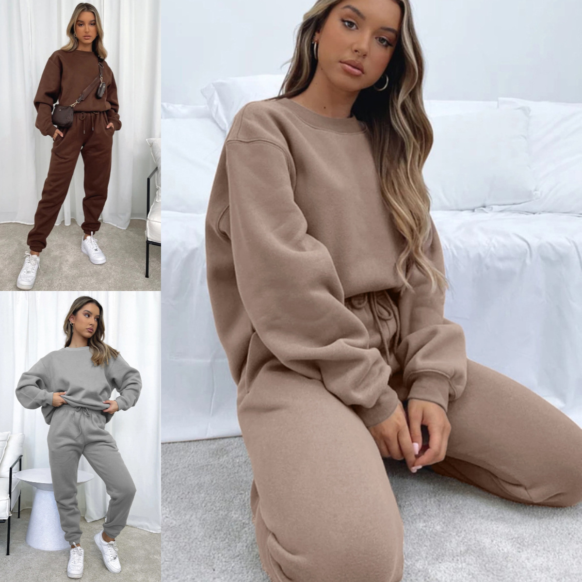 840g Weight Long Sleeve Sleeve Length Polyester Fabric Type Sweatshirt & Hoodie Co-ord Set Sets Type 2 Pieces Set Quantity Casual Occasion Round Neck Neckline Loose Fit Type Solid Color Pattern Winter, Autumn Season Women's Gender Streetwear Style Casual Women's Streetwear Solid Color Polyester Sweatshirt & Hoodie Co-ord Set Pants Sets 1