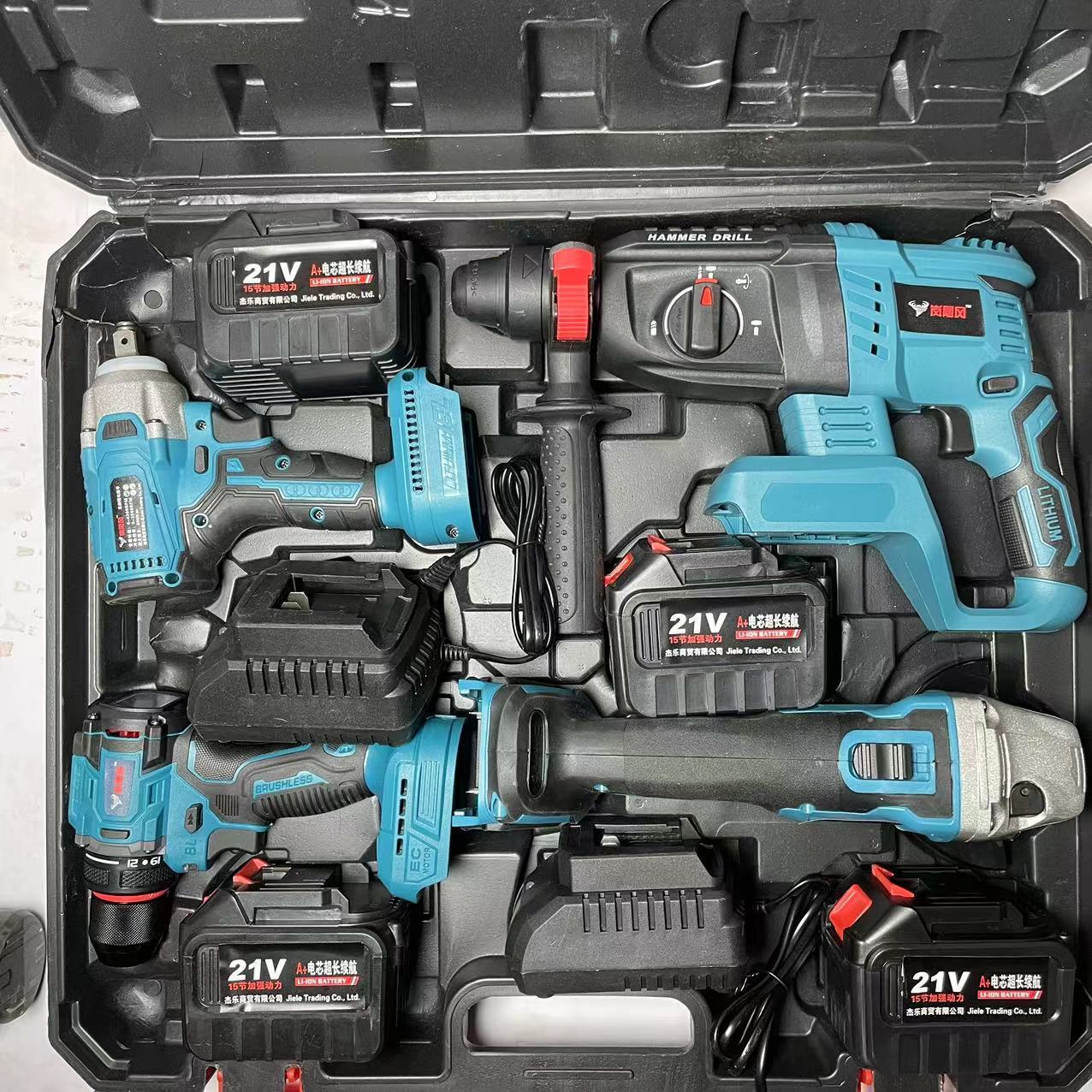 通用牧田款锂电池无刷充电电锤冲击钻角磨机电动钻扳手四件套套装