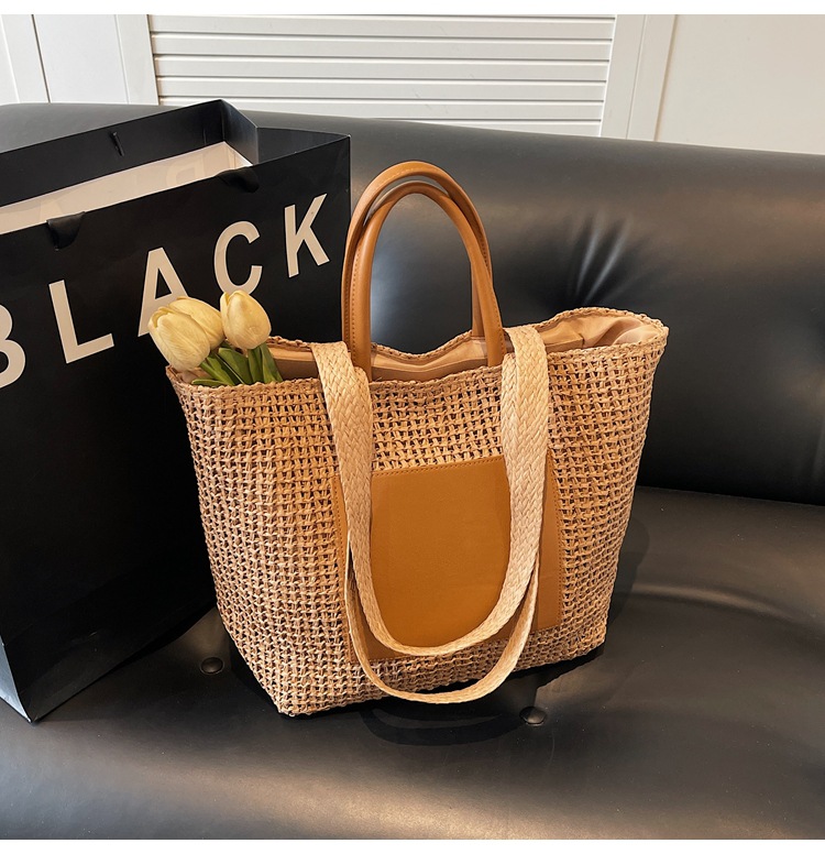 Large Woven Beach Tote Bag For Women Stylish Hollow Out Handbag_voghion.com