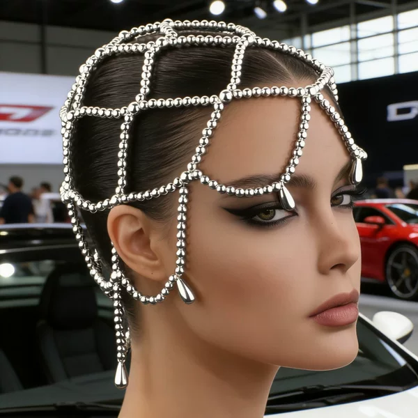 European and American Handmade Silver Beaded Mesh Hat Accessories, Niche Party Dance Personalized Versatile Accessories, Fashion Trends