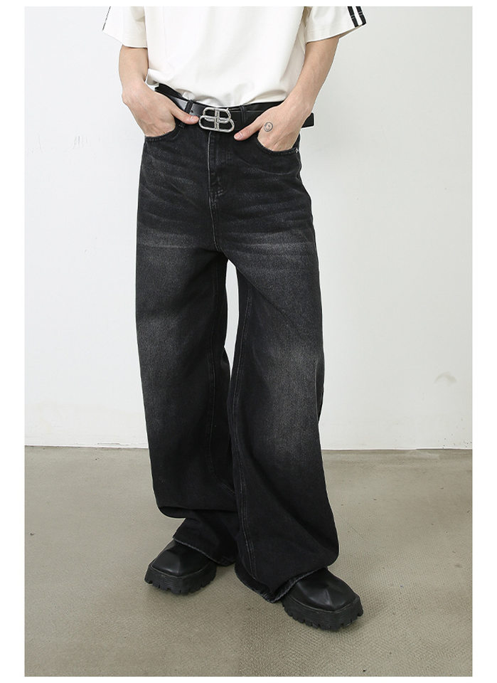 Quần jean nam ống rộng giặt nước phong cách Hàn, cạp vừa lưng thẳng — Denim đen, Màu đen, Ngụy trang màu mơ, Xanh lam cổ điển chi tiết 7