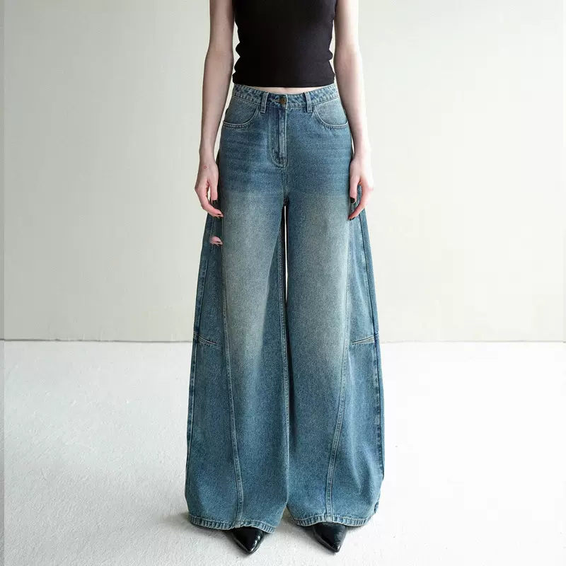 Moga升级百搭神裤 棉混纺复古水洗丹宁解构刺绣阔腿牛仔裤女春秋