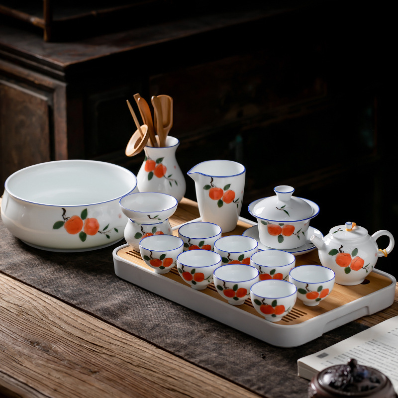 Juego de té de Kung Fu de cerámica de estilo japonés traje de hogar pintado a mano porcelana blanca sancai Tazón de cubierta taza de té tetera