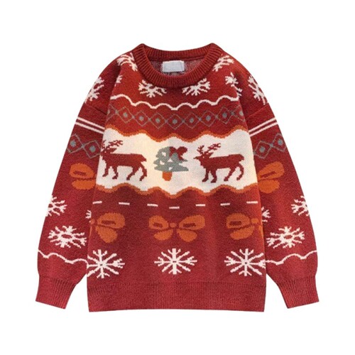 Red Round Neck Sweater for Women, Christmas Deer Design, Autumn/Winter Trendy Brand, Retro Loose and Lazy Style, Couple Knit Top