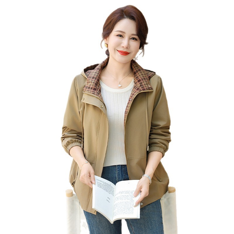 妈妈春秋装夹克上衣休闲时尚中老年女装洋气短风衣女宽松连帽外套|undefined