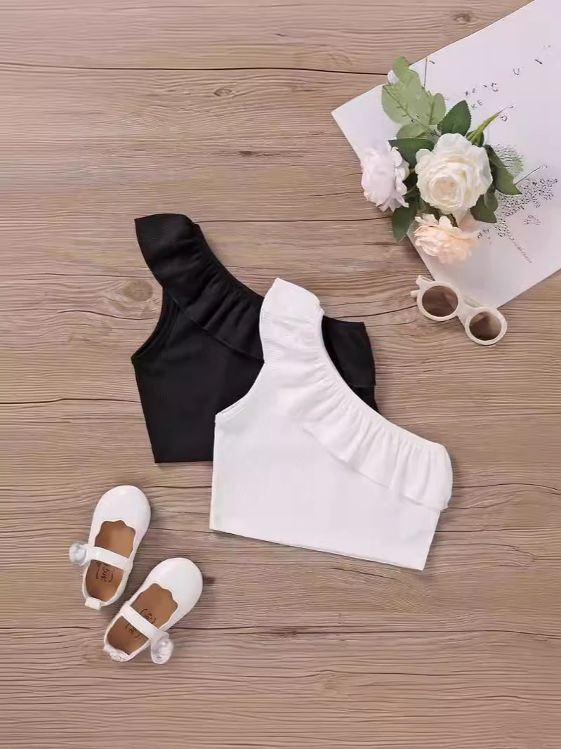 Niñas de verano bebé extranjero estilo de moda personalidad de niños coreano corto encaje hombro abierto chaleco de hombro irregular
