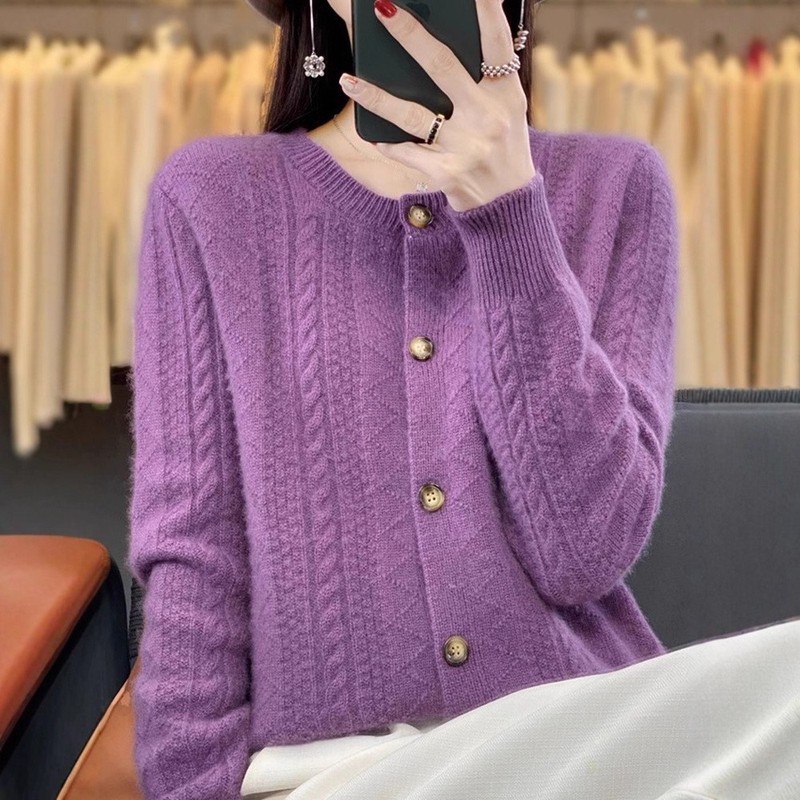 气质休闲2025秋冬新款针织开衫女纯色圆领毛衣女宽松百搭毛衣外套|undefined
