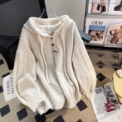 韓国スタイルのルーズでレイジーなスタイルの女性用フード付きセーター、2025年秋冬新作、柔らかく厚みのある巾着ニットセータートップス