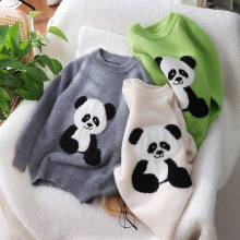 儿童加厚圆领熊猫卡通100%纯羊毛衫男童高端软糯套头打底女童毛衣