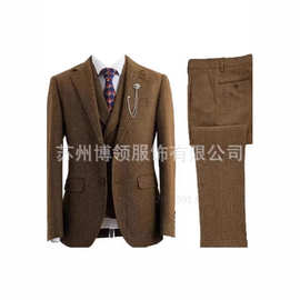 亚马逊速卖通新款男士人字纹西装套装修身结婚新郎礼服西服三件套