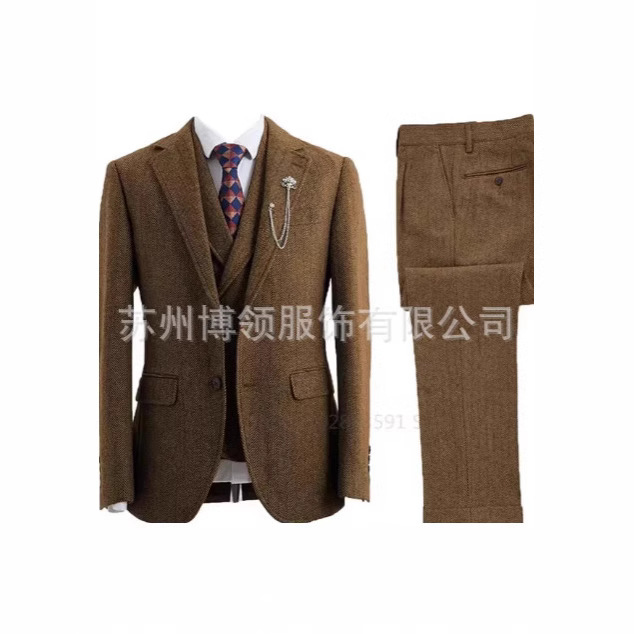 Amazon Aliexpress New Men's Herringbone Suit Set Slim Fit Wedding Groom Suit Three-Piece Suit