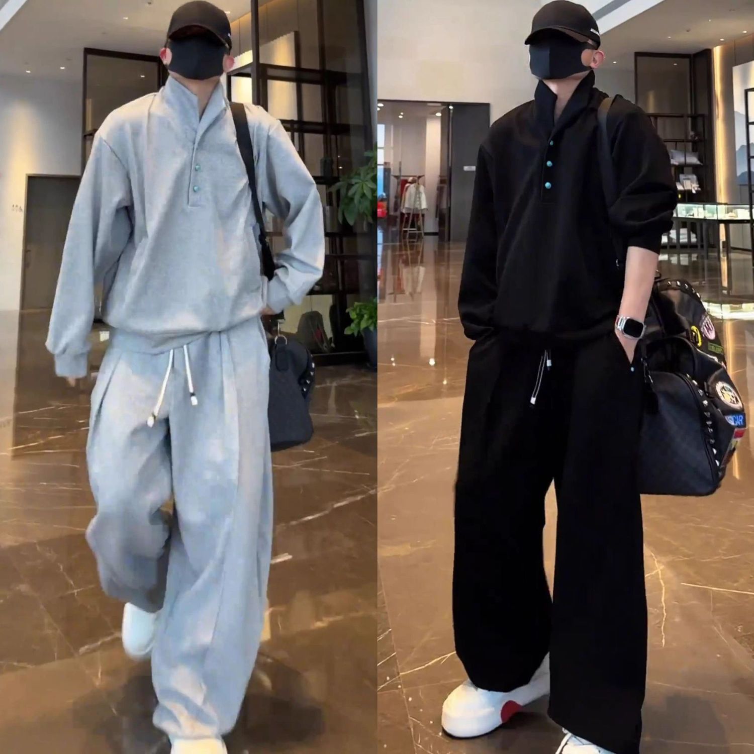 Spring and Autumn New Collar Design Sweatshirt Wide Leg Trousers Suit Men's Fashion Loose Casual Sports Two-Piece Cotton Set