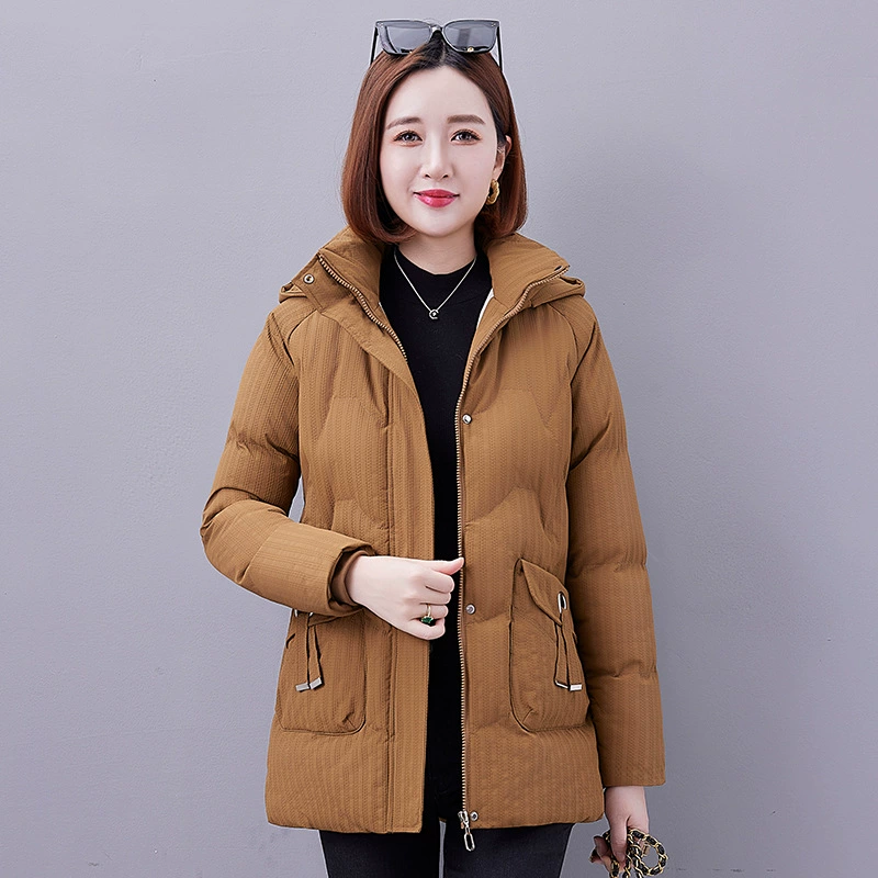 Long removable demi-season keep warm hoody with down for mother, mid-length, for middle age