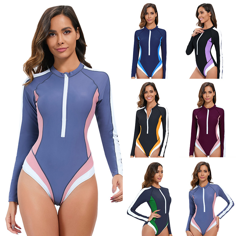 Cross-border new color-blocking long-sleeved sunscreen one-piece swimsuit women's foreign trade Europe and the United States sexy triangle surfing suit conservative swimsuit